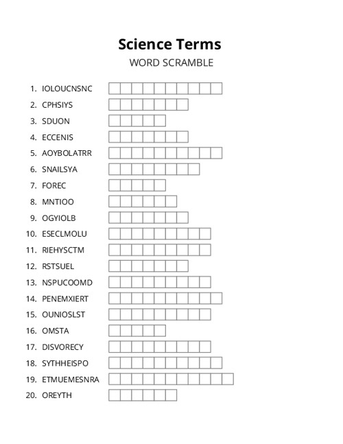 Science Terms Word Scramble Puzzle