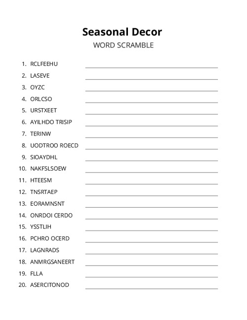 Seasonal Decor Word Scramble Puzzle
