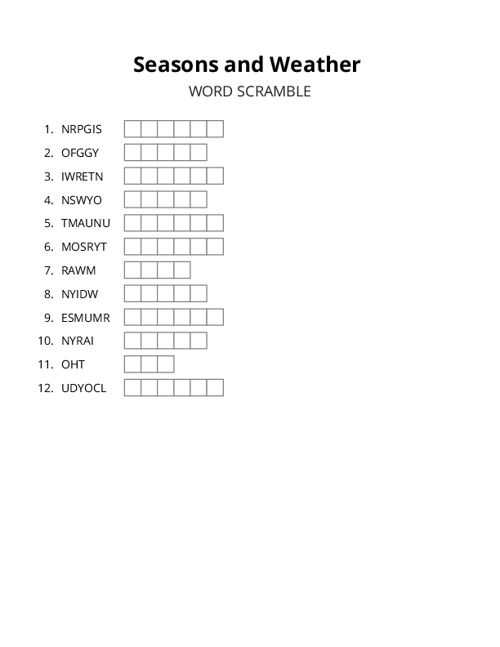 Seasons and Weather Word Scramble Puzzle