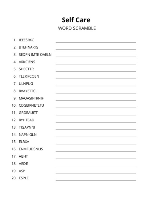 Self Care Word Scramble Puzzle