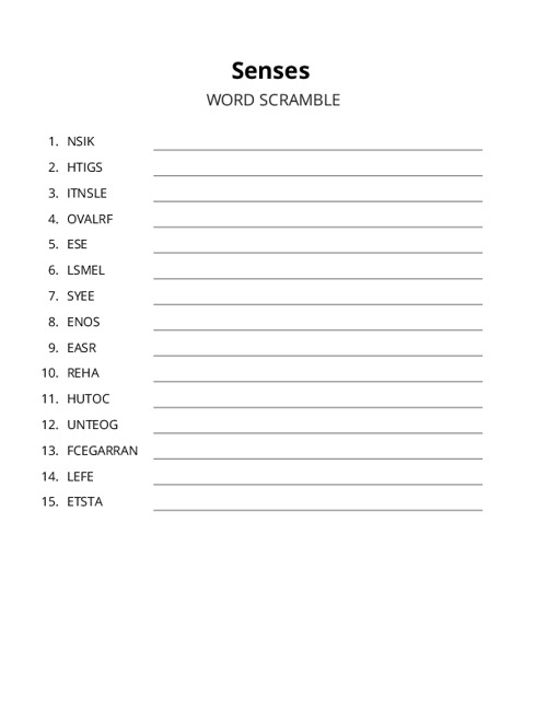 Senses Word Scramble Puzzle