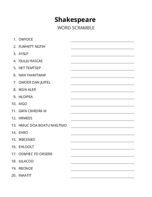 Shakespeare Word Scramble Puzzle