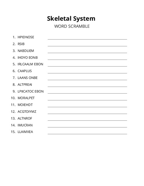 Skeletal System Word Scramble Puzzle