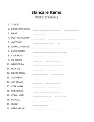 Skincare Items word scramble puzzle