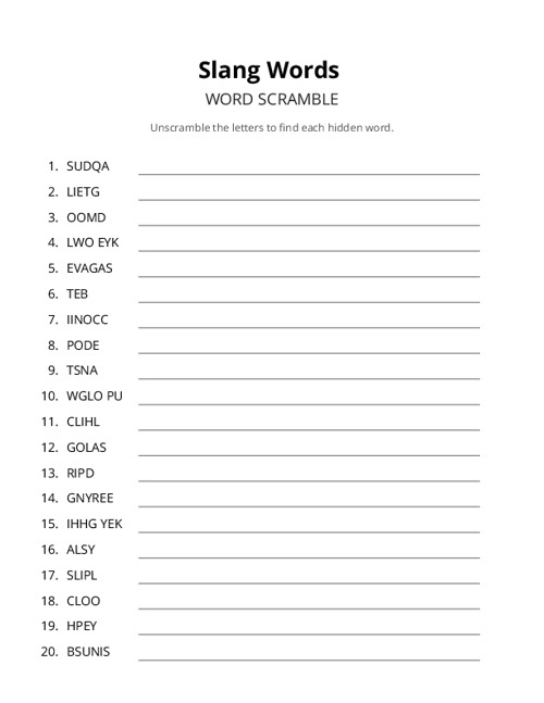 Slang Words Word Scramble Puzzle
