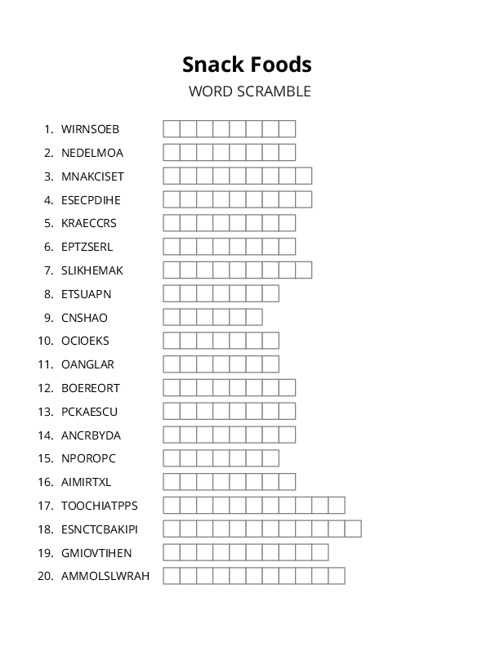 Snack Foods Word Scramble Puzzle