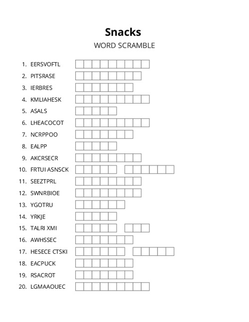 Snacks Word Scramble Puzzle