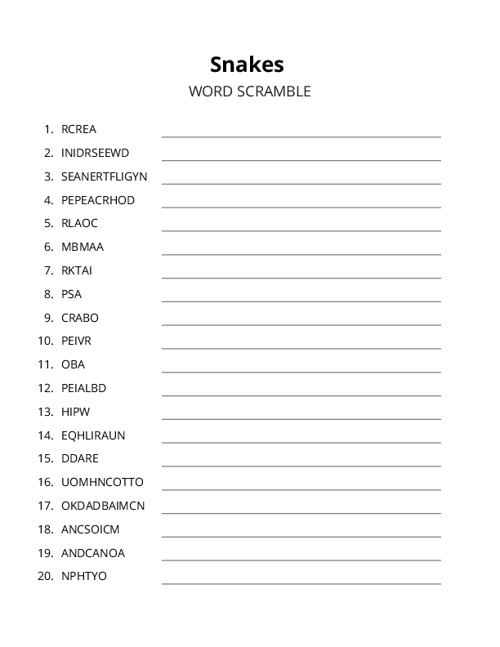 Snakes Word Scramble Puzzle