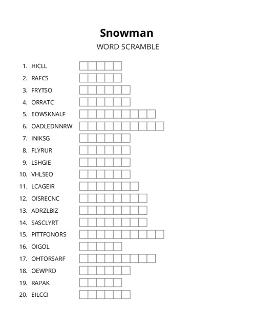 Snowman Word Scramble Puzzle