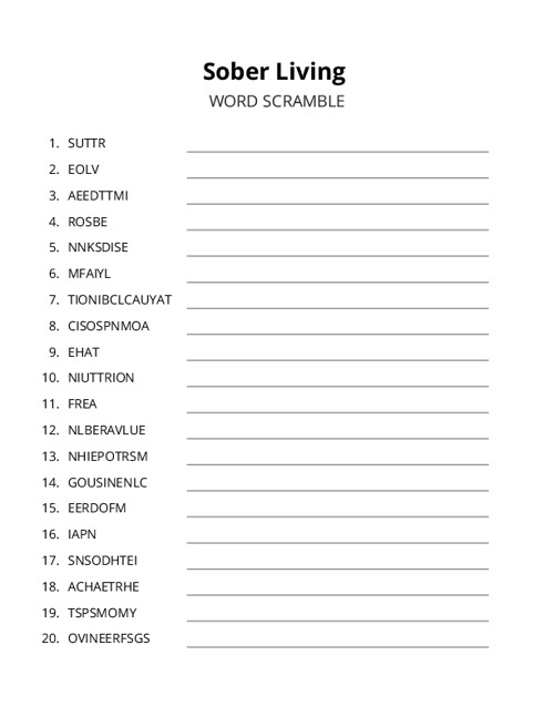 Sober Living Word Scramble Puzzle