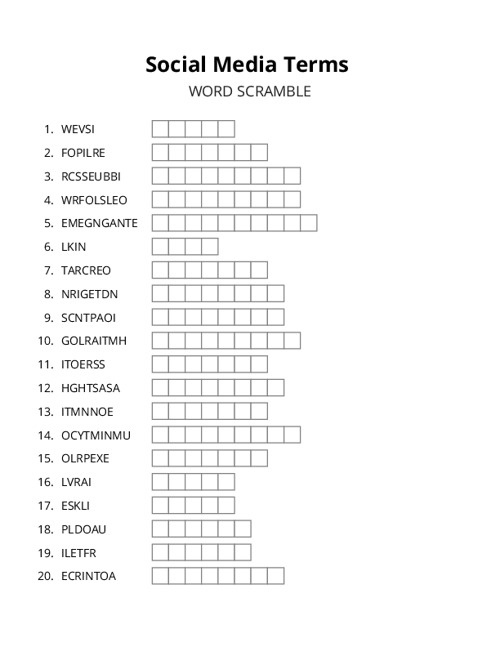 Social Media Terms Word Scramble Puzzle