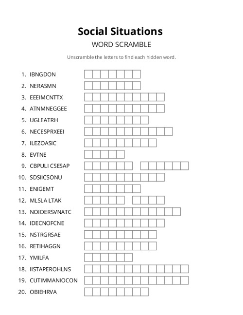 Social Situations Word Scramble Puzzle
