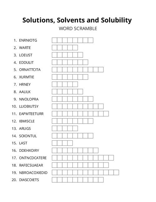 Solutions, Solvents and Solubility Word Scramble Puzzle
