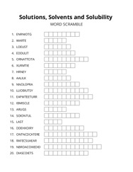 Solutions, Solvents and Solubility word scramble puzzle