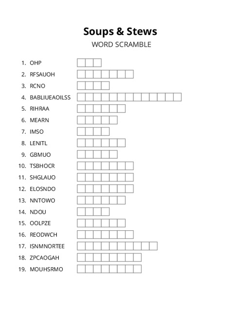 Soups & Stews Word Scramble Puzzle