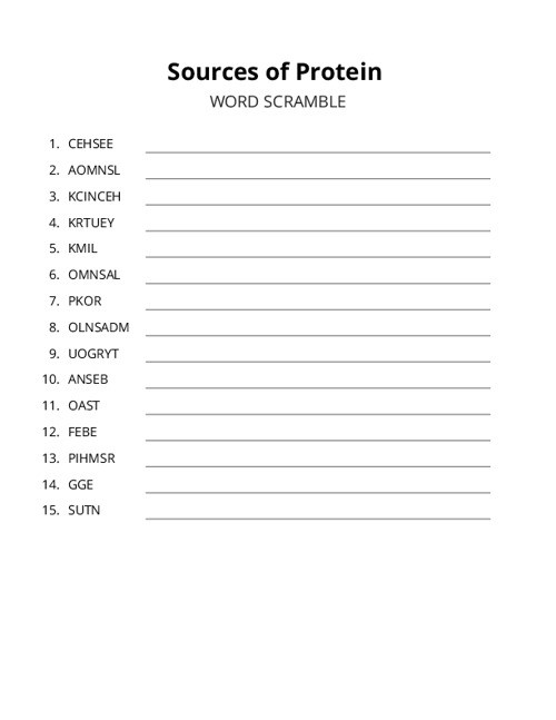 Sources of Protein Word Scramble Puzzle