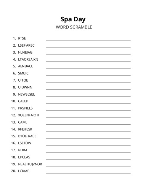 Spa Day Word Scramble Puzzle