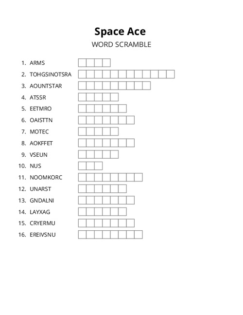 Space Ace Word Scramble Puzzle
