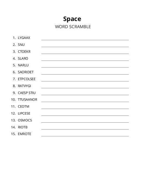 Space Word Scramble Puzzle