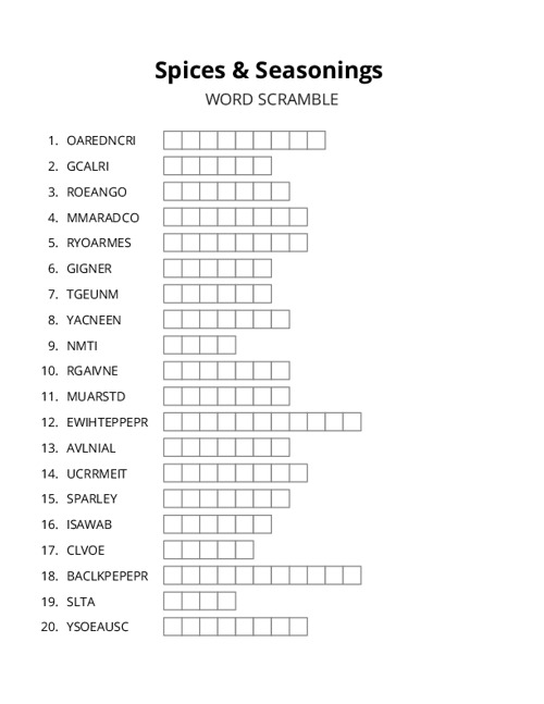Spices & Seasonings Word Scramble Puzzle