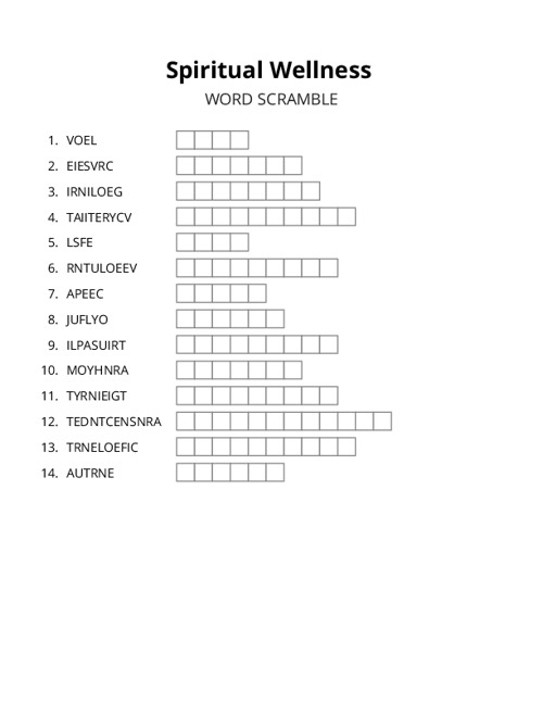 Spiritual Wellness Word Scramble Puzzle