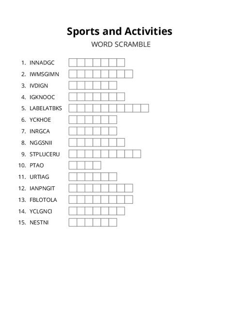 Sports and Activities Word Scramble Puzzle
