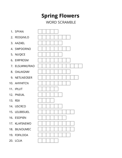 Spring Flowers Word Scramble Puzzle