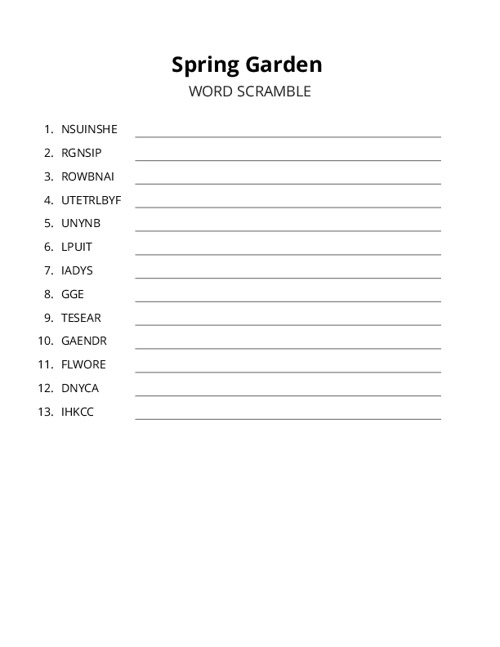 Spring Garden Word Scramble Puzzle