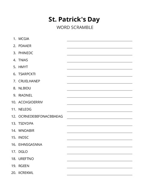 St. Patrick's Day Word Scramble Puzzle