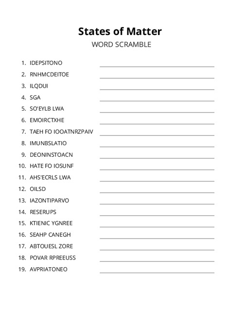 States of Matter Word Scramble Puzzle