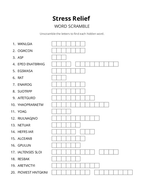 Stress Relief Word Scramble Puzzle