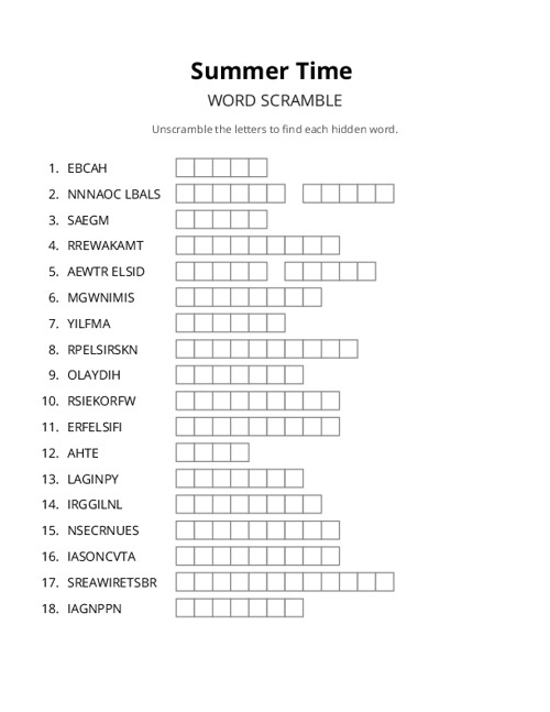 Summer Time Word Scramble Puzzle