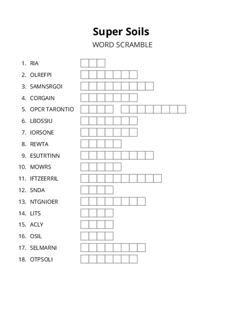Super Soils Word Scramble Puzzle