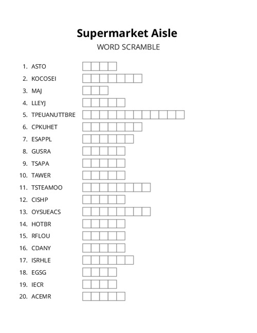 Supermarket Aisle Word Scramble Puzzle