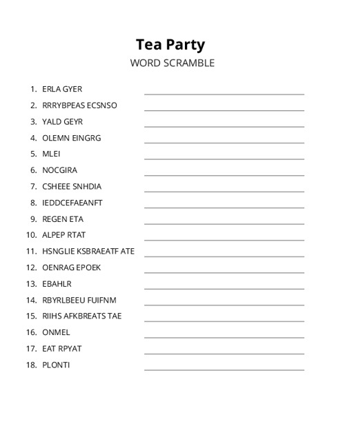Tea Party Word Scramble Puzzle