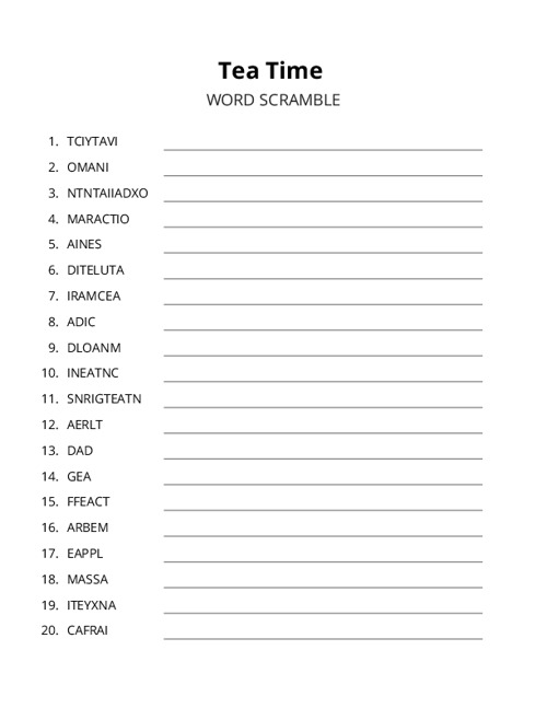 Tea Time Word Scramble Puzzle