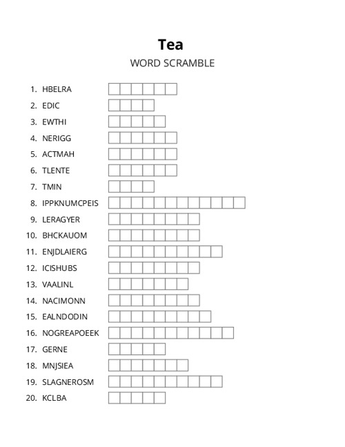 Tea Word Scramble Puzzle