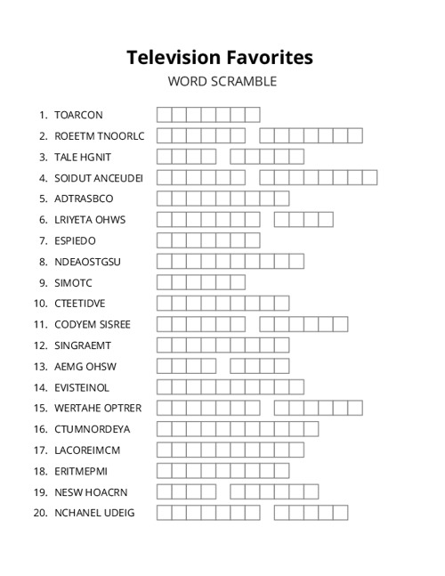Television Favorites Word Scramble Puzzle