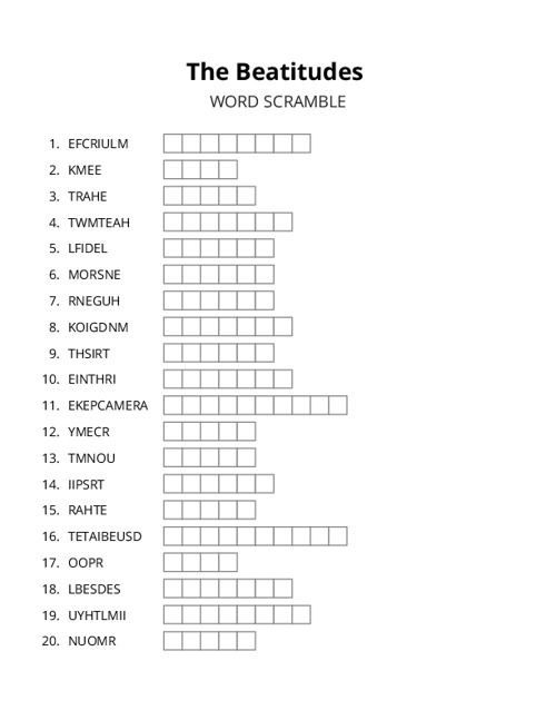 The Beatitudes Word Scramble Puzzle