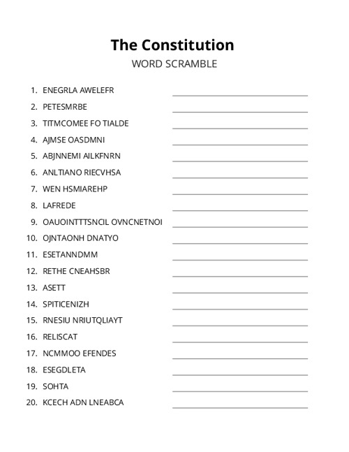 The Constitution Word Scramble Puzzle