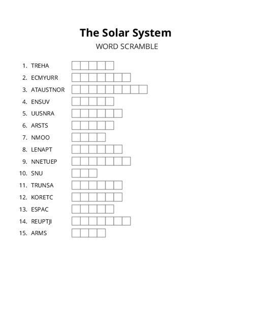 The Solar System Word Scramble Puzzle