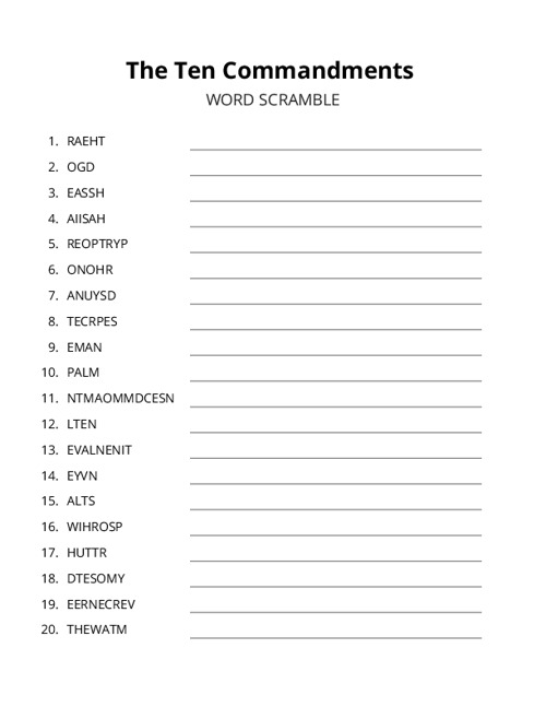 The Ten Commandments Word Scramble Puzzle