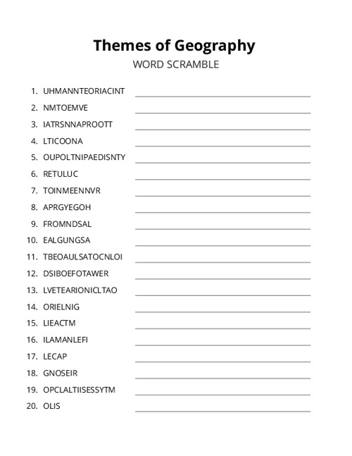 Themes of Geography Word Scramble Puzzle