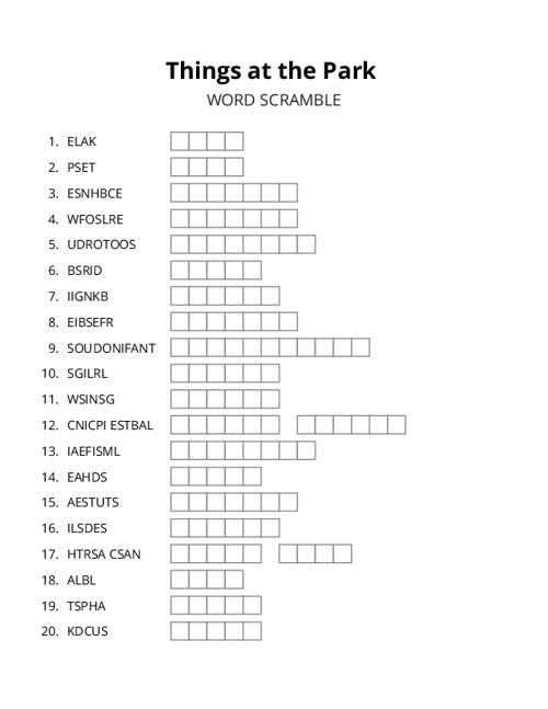 Things at the Park Word Scramble Puzzle