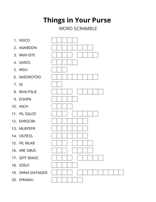 Things in Your Purse Word Scramble Puzzle