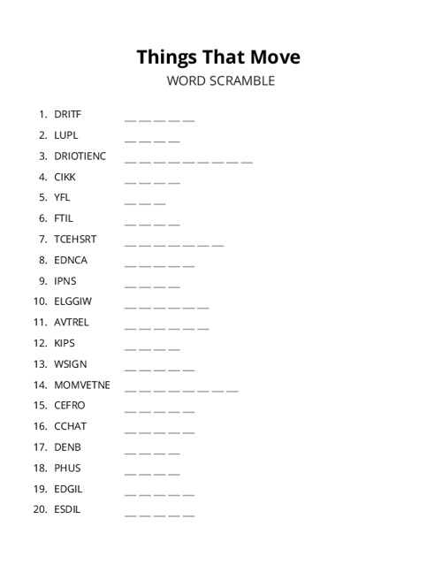 Things That Move Word Scramble Puzzle