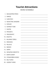 Tourist Attractions word scramble puzzle