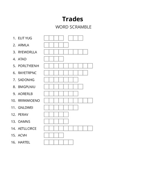 Trades Word Scramble Puzzle