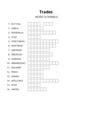 Trades word scramble puzzle