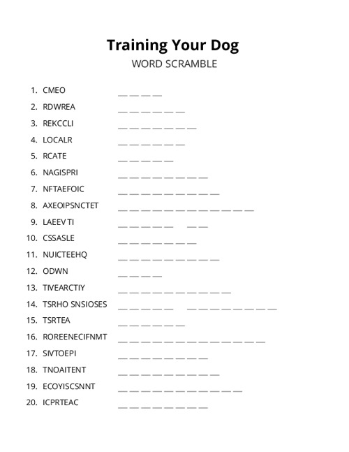 Training Your Dog Word Scramble Puzzle